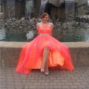 Mac Duggal Orange and Pink High-Low Strapless Prom Gown